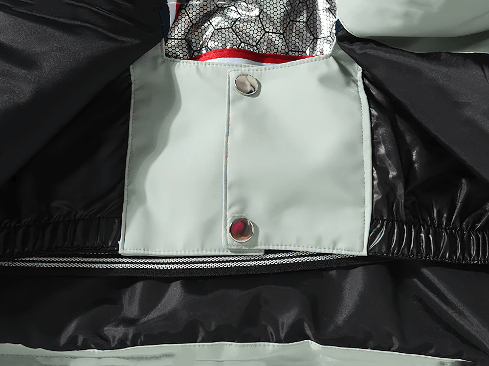 Alt Tag: Solid Color Waterproof Hooded Ski Sports Jacket - SF4298 inner snow skirt detail with snap buttons, insulated waterproof windproof design