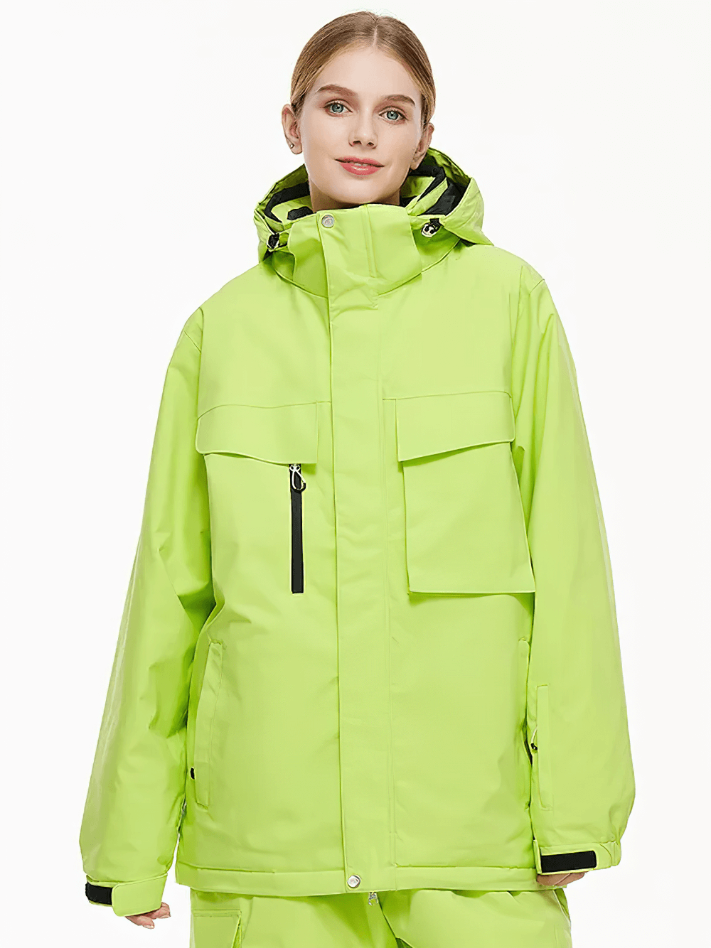Alt Tag: Solid Color Waterproof Hooded Ski Sports Jacket - SF4298 lime green insulated windproof ski snowboarding jacket with hood