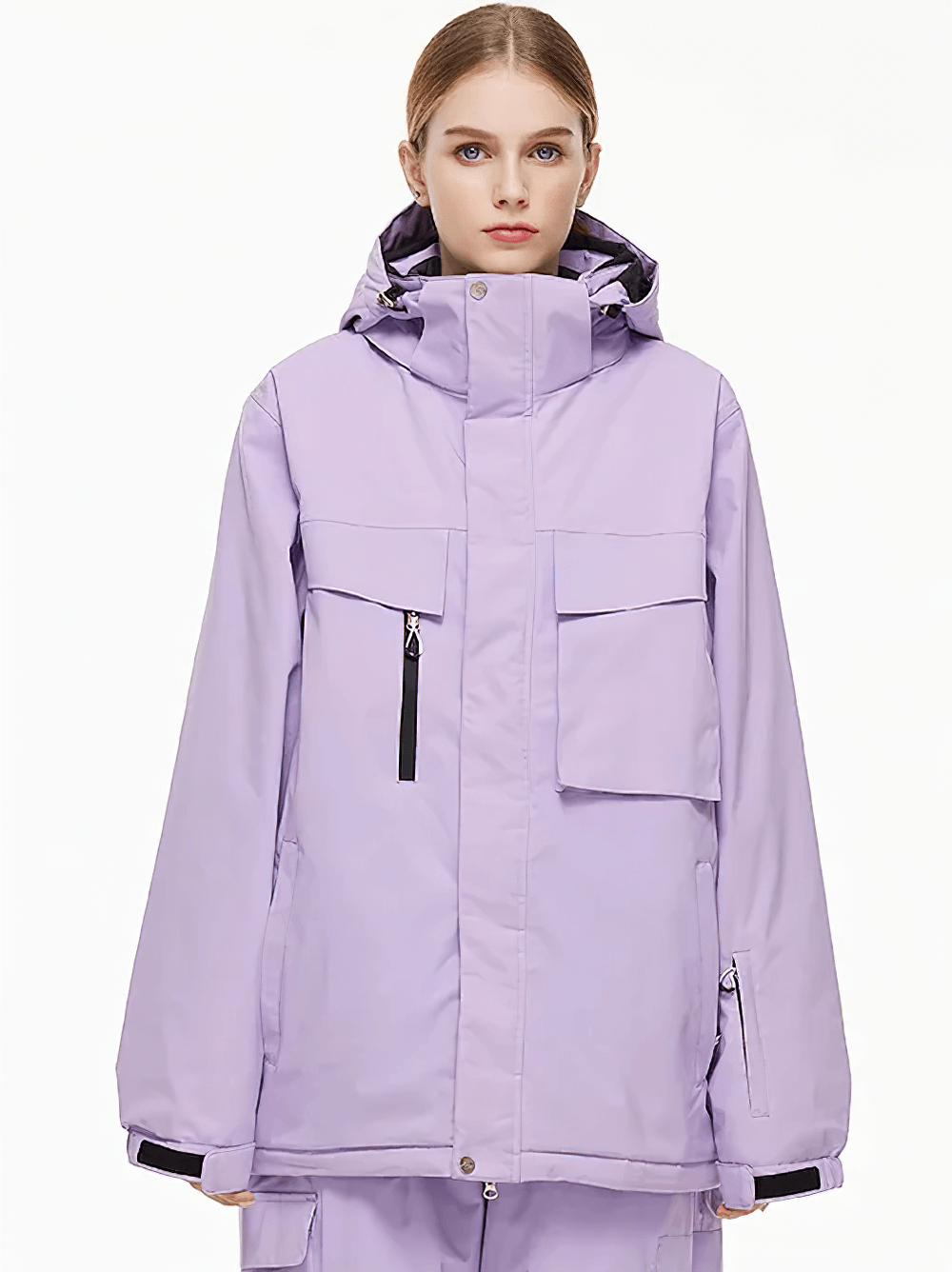 Alt Tag: Solid Color Waterproof Hooded Ski Sports Jacket - SF4298 lilac insulated unisex snowboarding jacket with hood, zip closure, windproof shell