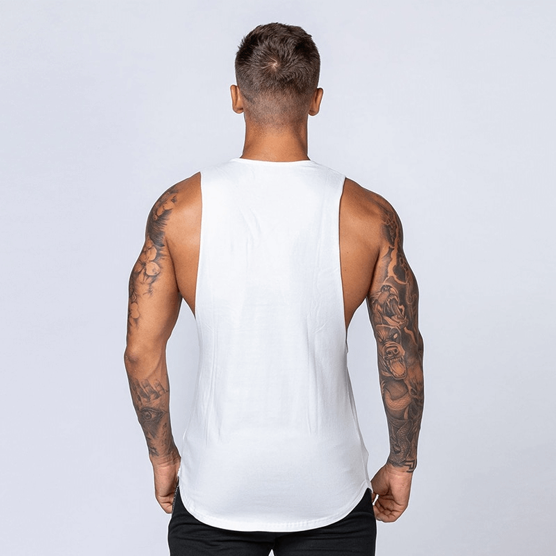 Back view of man in white solid cotton fitness tank top for gym workouts - SF1491