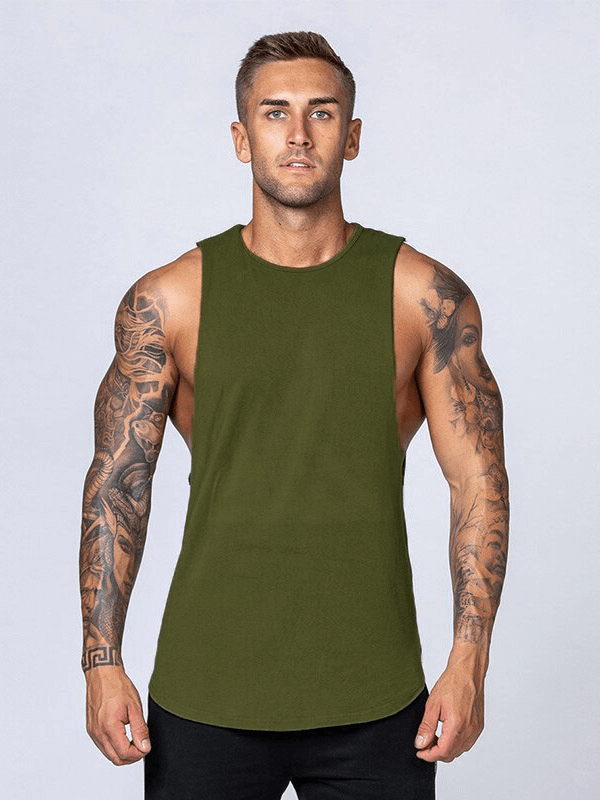 Model wearing solid cotton fitness tank top for men in olive green with tattooed arms, ideal for gym and boxing workouts SF1491.