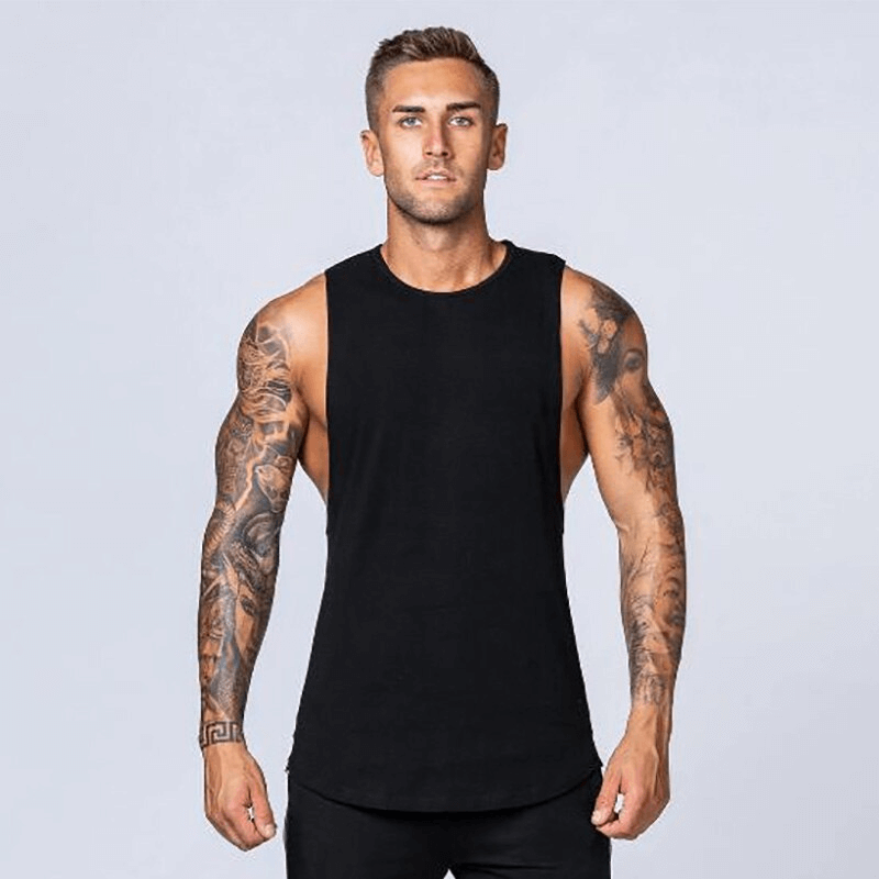 Solid cotton fitness tank top for men in black, ideal workout clothes. Features lightweight, breathable broadcloth fabric for comfort.