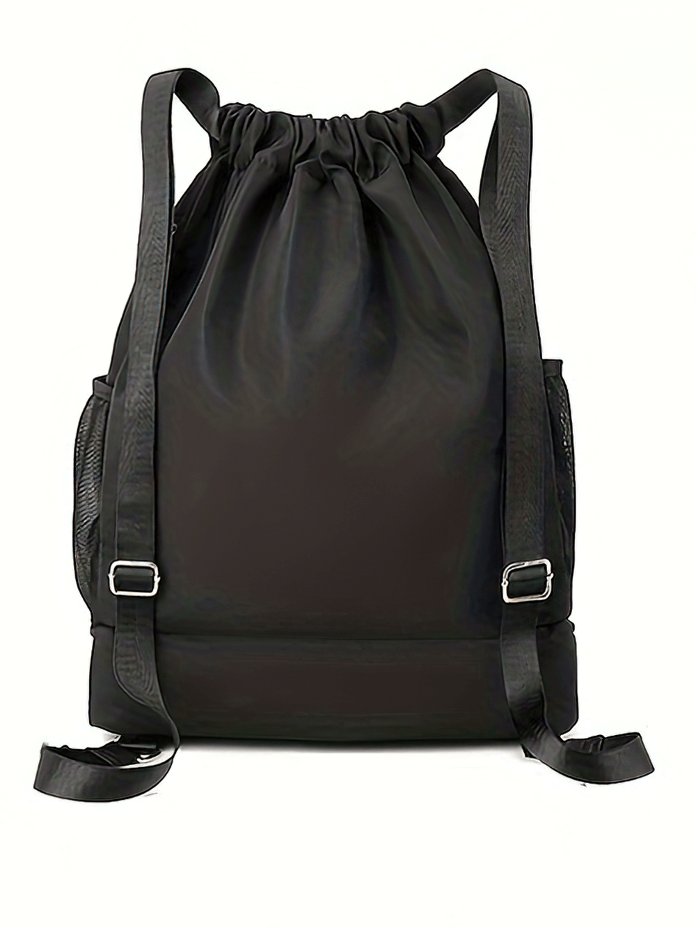 Spacious black nylon backpack with drawstring and zip, ideal for sports and travel. Versatile design with adjustable straps and pockets.