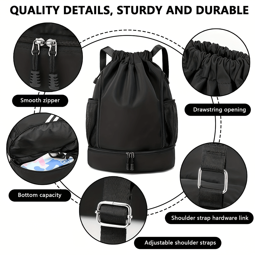 Black nylon backpack featuring drawstring closure, zippers, and adjustable straps, highlighting quality and durability.