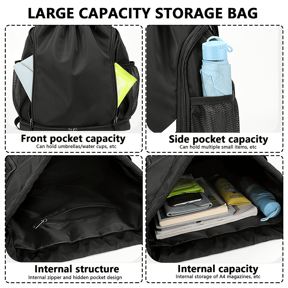 Spacious nylon backpack with drawstring, showcasing large internal and external pocket capacities for travel and sports essentials.