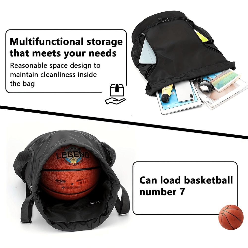 Spacious nylon backpack with multifunctional storage, holding basketball and various items, ideal for sports and travel.