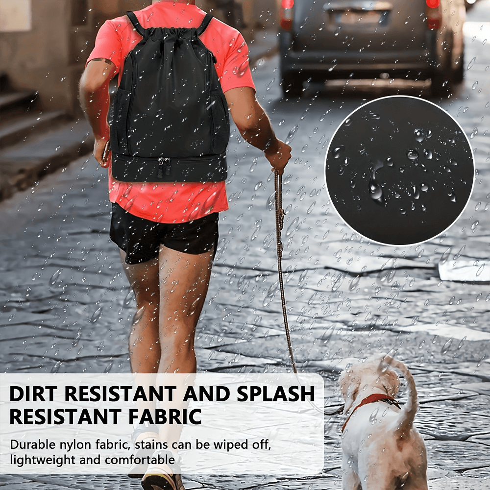 Man walking dog in rain wearing spacious nylon backpack with drawstring and zip, highlighting dirt and splash resistant fabric.