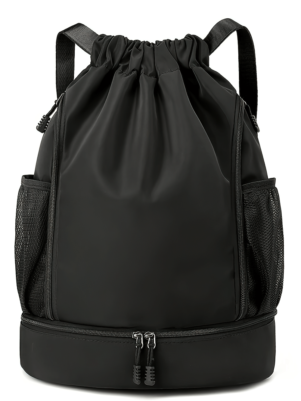 Spacious nylon backpack with drawstring and zip, ideal for sports, travel, and school. Waterproof, unisex design with multiple pockets.