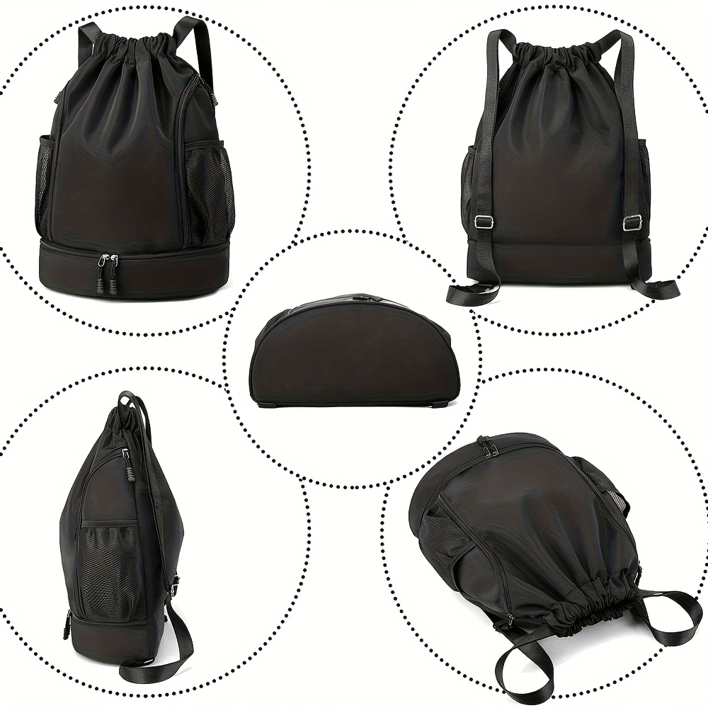 Versatile nylon backpack with drawstring and zip, showcasing adjustable straps and multiple pockets for sports and travel use.