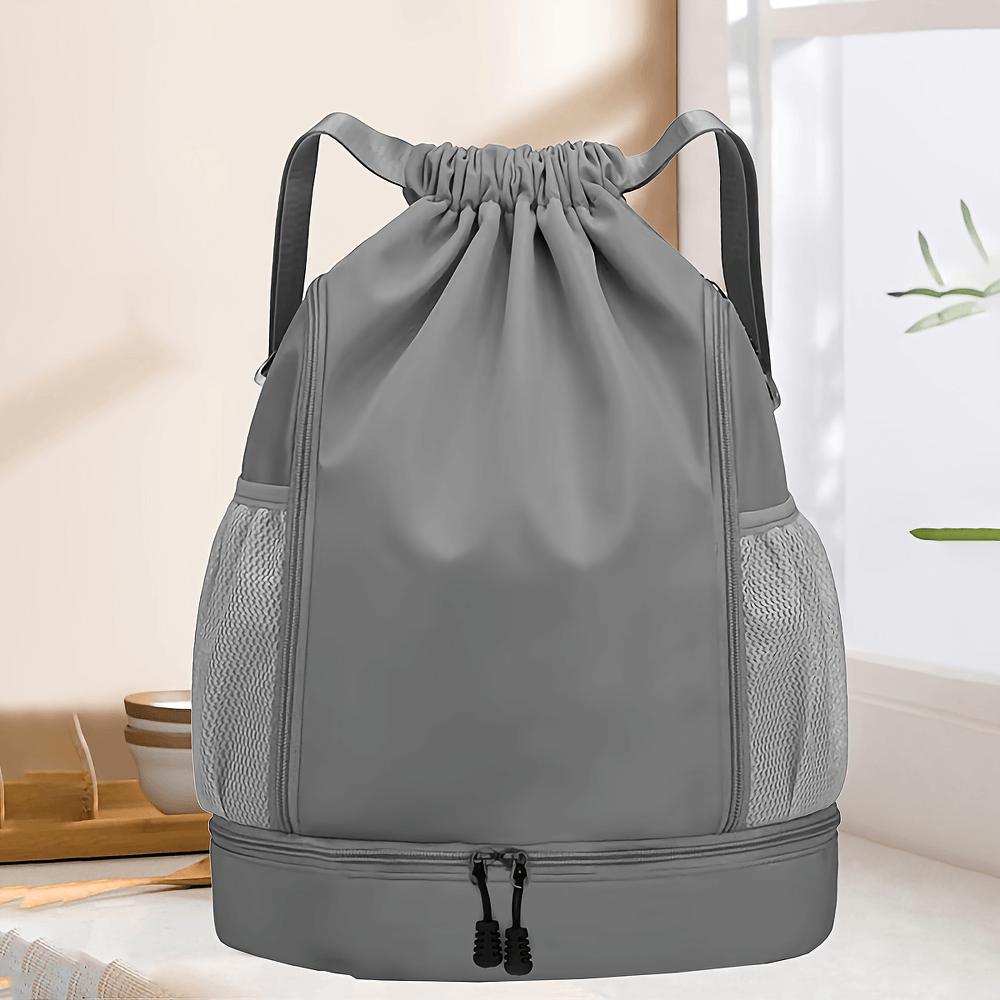 Spacious nylon backpack SF2643 with drawstring, zip, waterproof design; ideal for sports, travel, school. Adjustable straps, pockets.