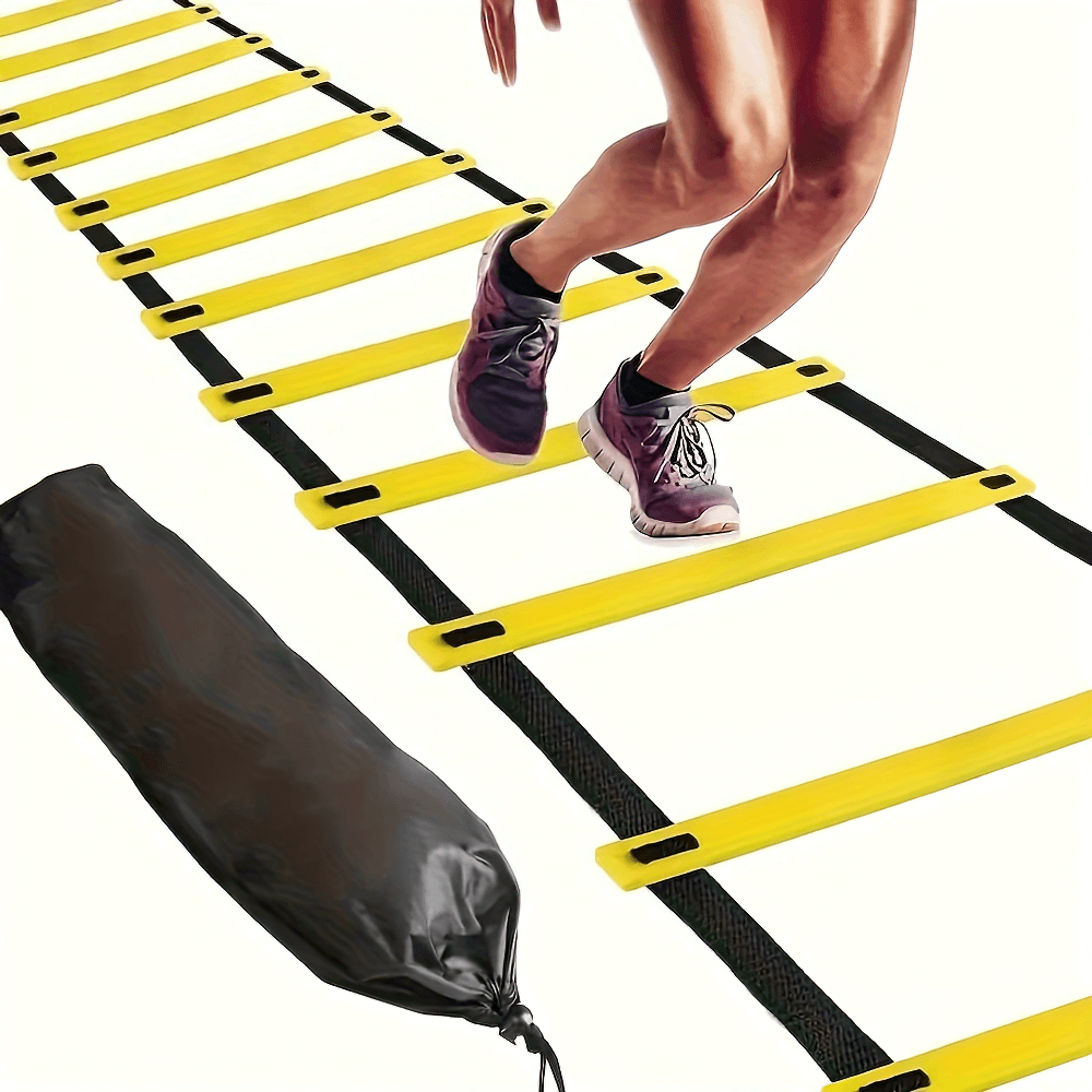 Yellow agility training ladder with carrying bag, used for enhancing speed and coordination during sports workouts.