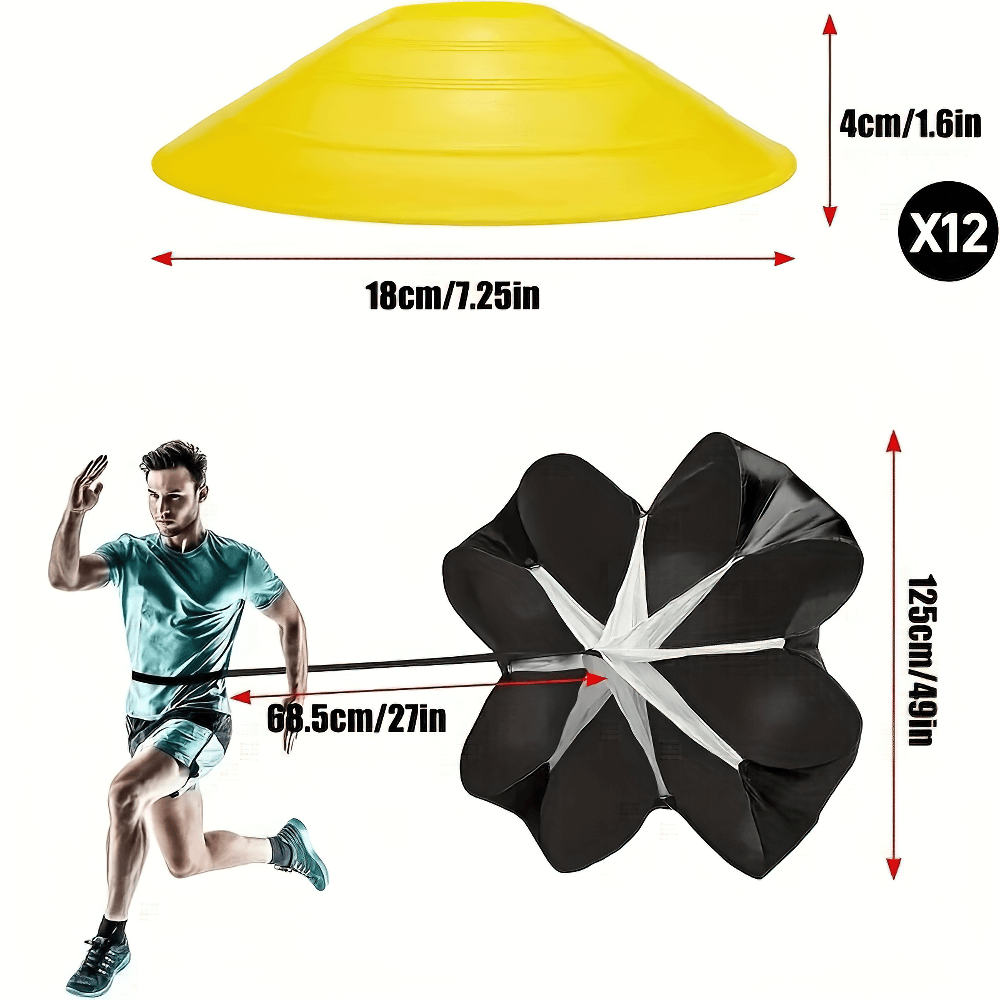 Athlete using speed agility training ladder set, featuring yellow cones and a black resistance parachute for enhanced footwork and speed.