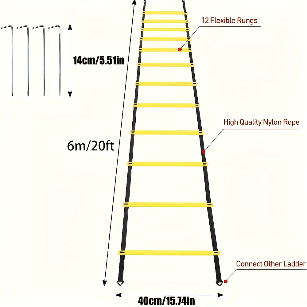 Diagram of agility ladder showing measurements: 6m length, 40cm width, 12 rungs, nylon ropes, and connector option.