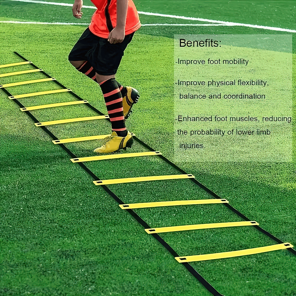 Athlete training with agility ladder on field, improving footwork and coordination for sports agility and speed enhancement.