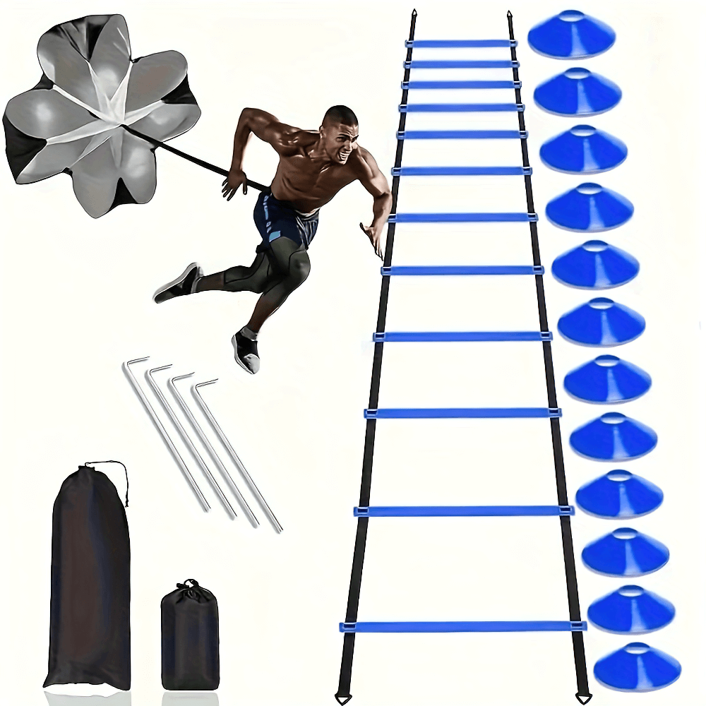 Athlete using Speed Agility Training Ladder Set SF2742 with parachute, blue cones, stakes, and carrying bag.