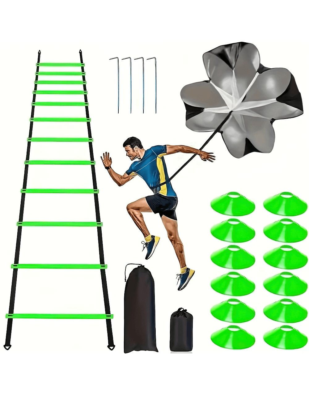 Athlete using Speed Agility Training Ladder Set SF2742 with ladder, resistance parachute, and cones for sports and fitness.