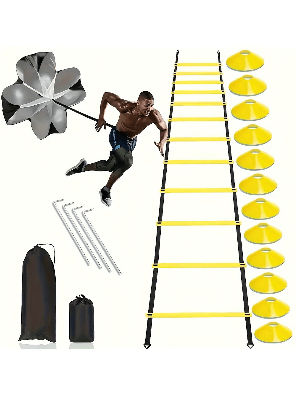 Athlete using SF2742 agility ladder set with cones, resistance parachute, and carry bag for speed and agility training.