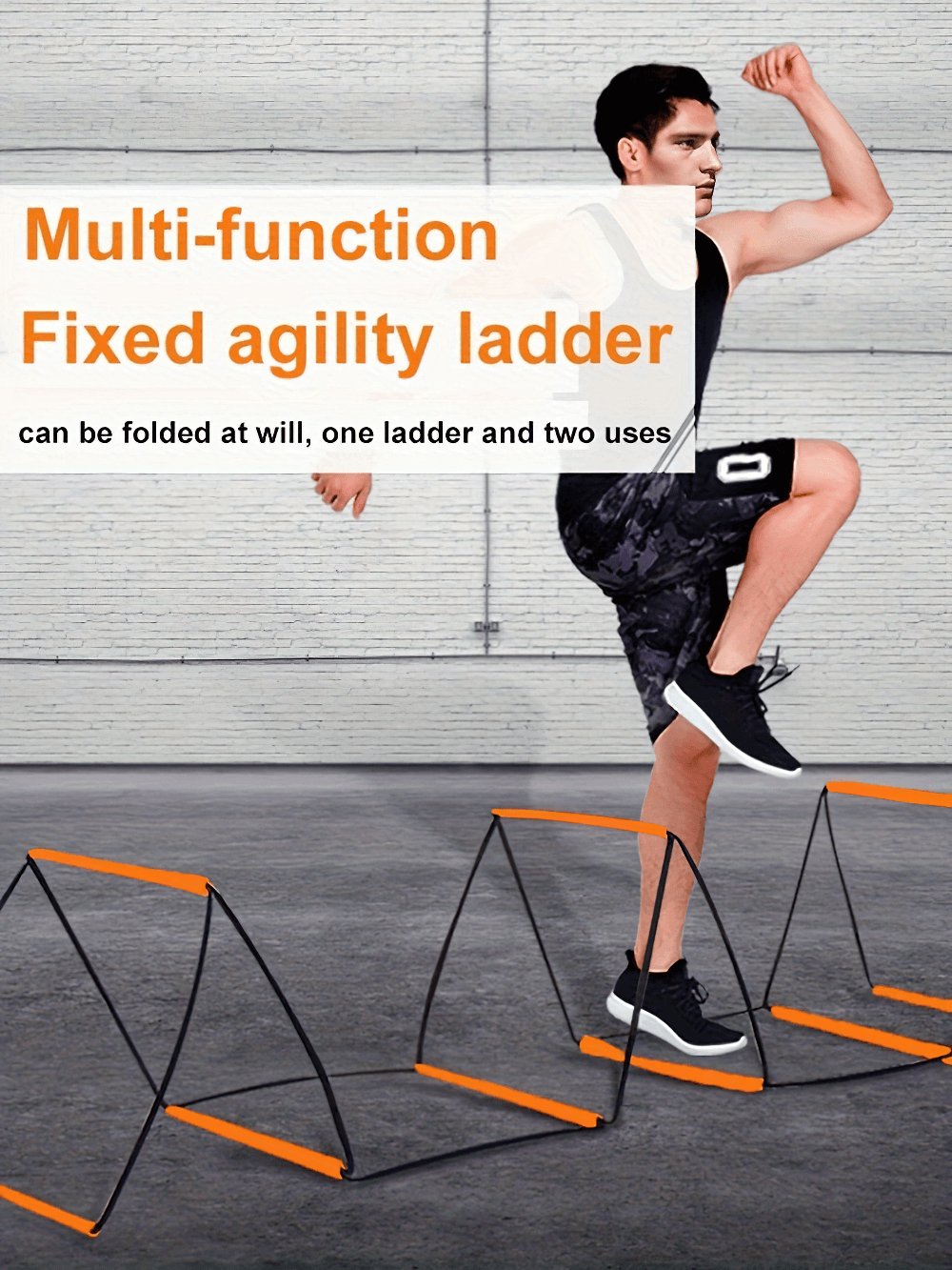 Athlete training with agility ladder and hurdles in gym, enhancing speed, footwork, and coordination with multifunctional equipment