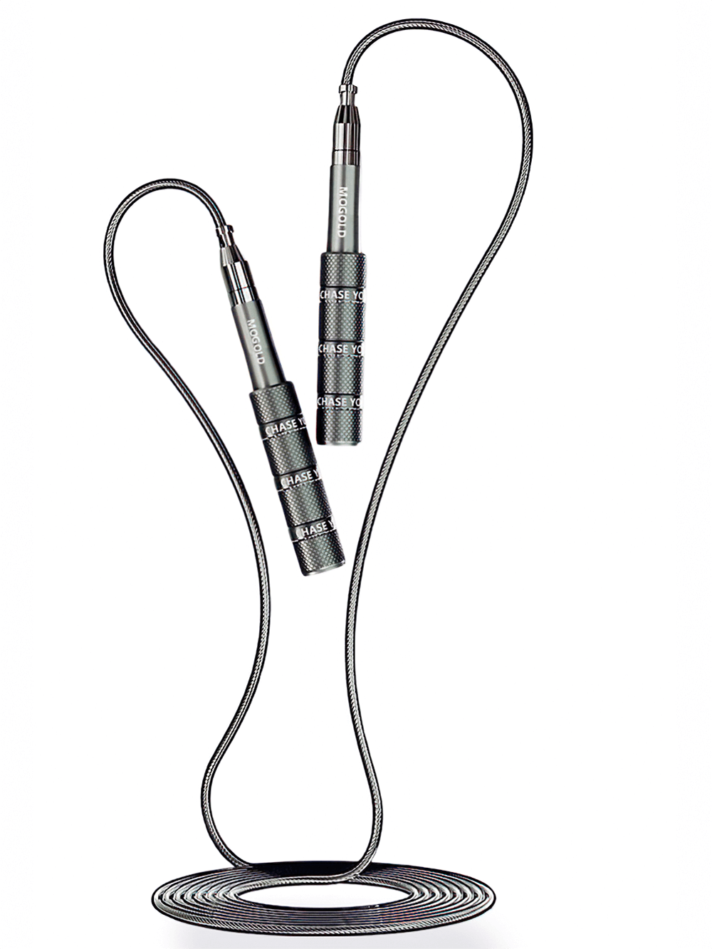 Speed jump rope with aluminum handles, adjustable for workouts and cardio. 360° spin ball bearing system for smooth rotations.