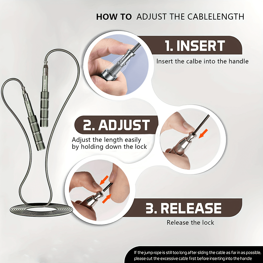 Guide to adjust cable length on speed jump rope with insert, adjust, and release steps.