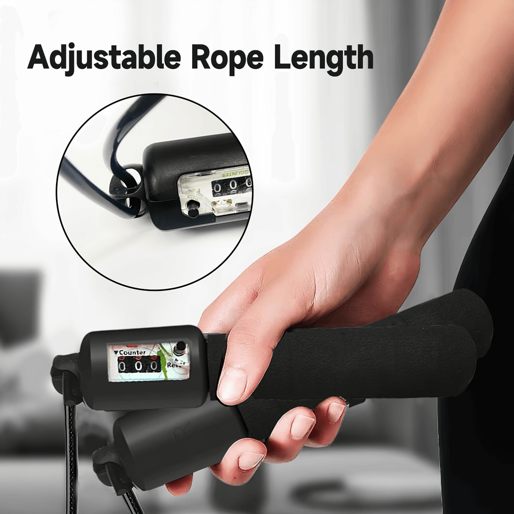 Hand holding speed jump rope with counter and foam handles, adjustable length feature shown.