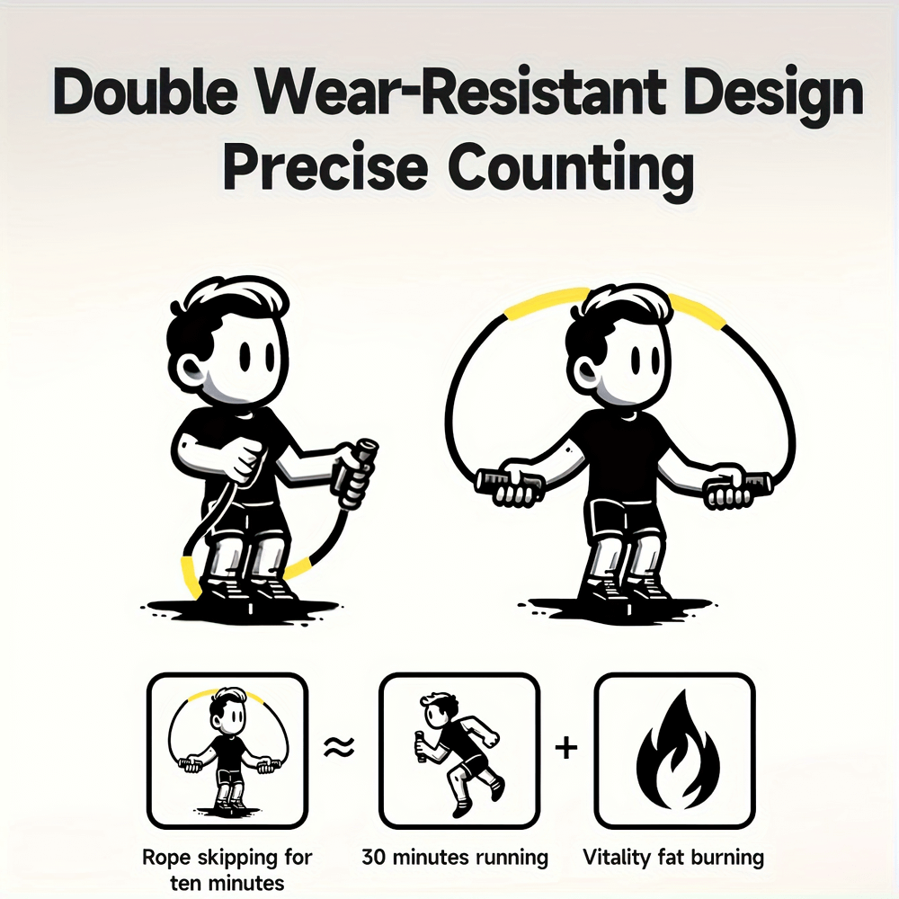 Cartoon of a person skipping rope with a built-in counter, showing equivalence to running and boosting vitality through fat burning.