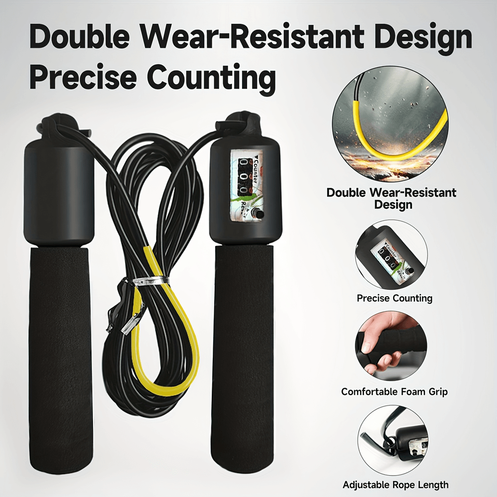 Speed jump rope with counter and foam handles, featuring adjustable length and durable design for fitness and cardio training.