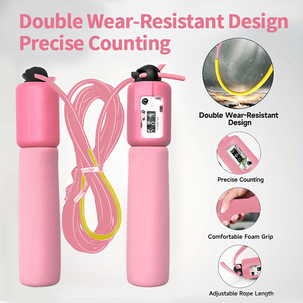 Pink speed jump rope with counter, foam handles, and adjustable length, showcasing durability and precise tracking features.