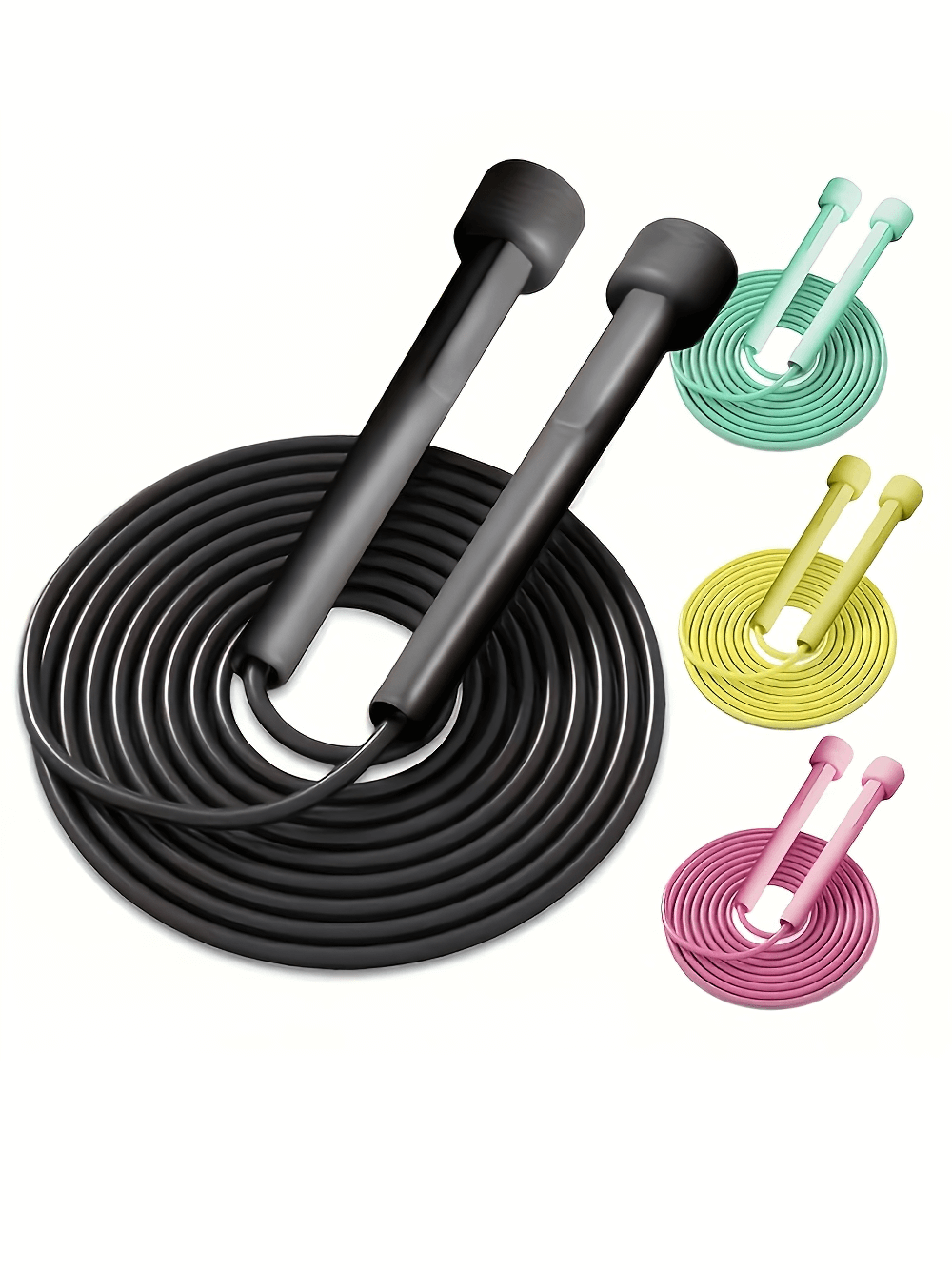 Colorful speed jump ropes with non-slip silicone handles, ideal for cardio and agility training. Lightweight and tangle-free design.