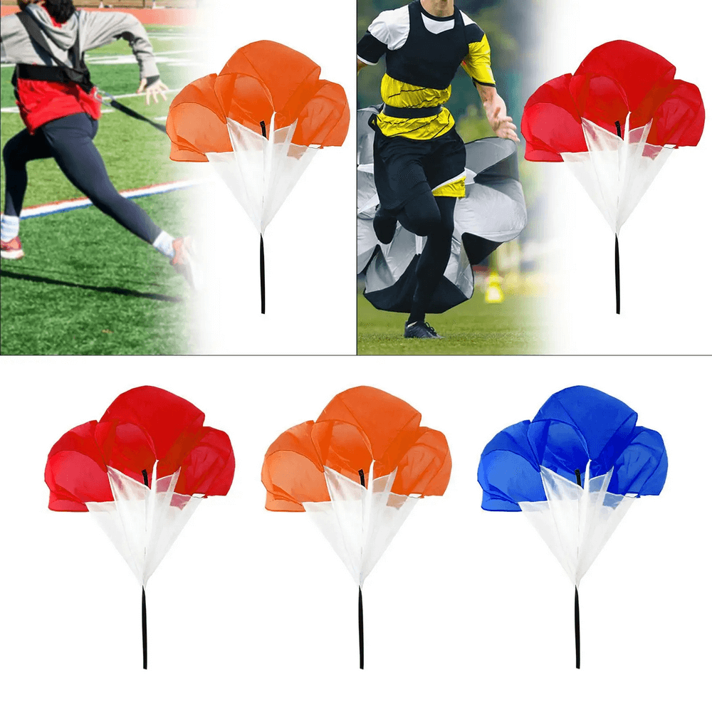 Variety of speed resistance parachutes for sprint training in vibrant colors, perfect for outdoor workouts to boost speed and endurance.