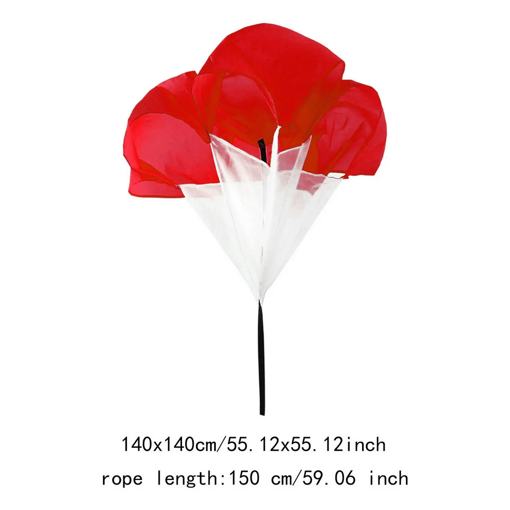 Red speed resistance parachute for sprint training with quick-release belt, enhancing strength and endurance. Dimensions: 140x140cm.