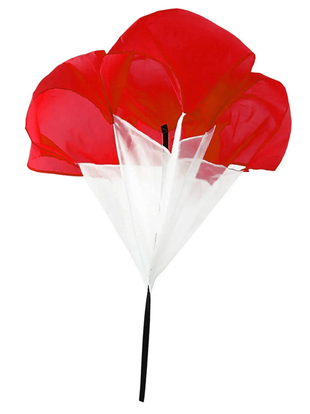 Red and white speed resistance parachute for sprint training enhancing strength and endurance in outdoor workouts.