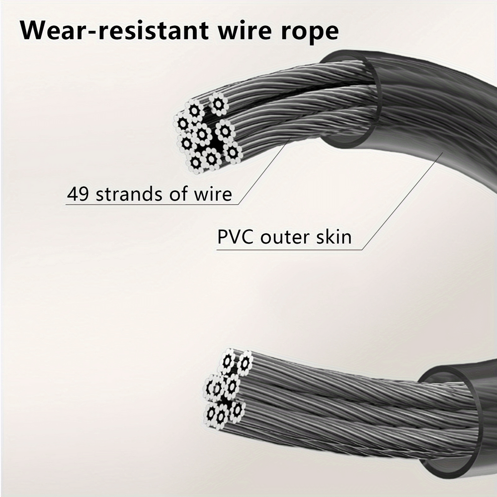 Close-up of wear-resistant steel wire rope with 49 strands and PVC outer skin, highlighting durability for fitness equipment.