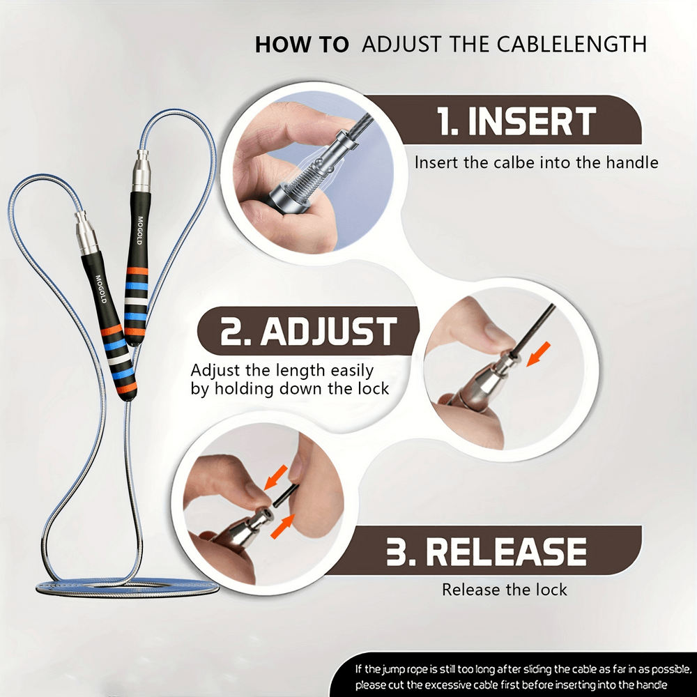 Guide on adjusting the cable length of the Speed Skipping Steel Wire Jump Rope for efficient workouts: insert, adjust, release.