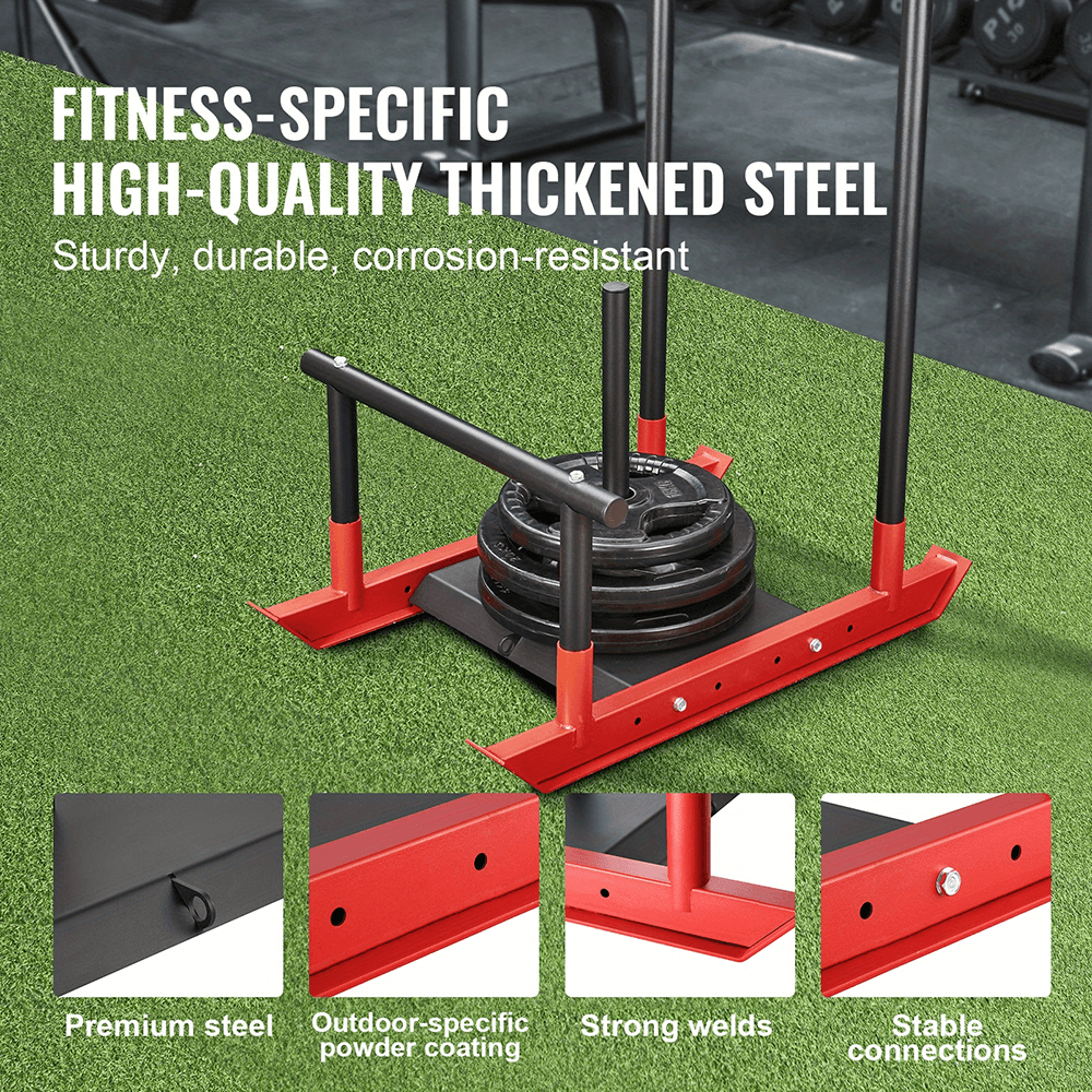 Speed Training Power Sled with weight plates on green turf, featuring steel frame and pull straps for strength and resistance workouts.