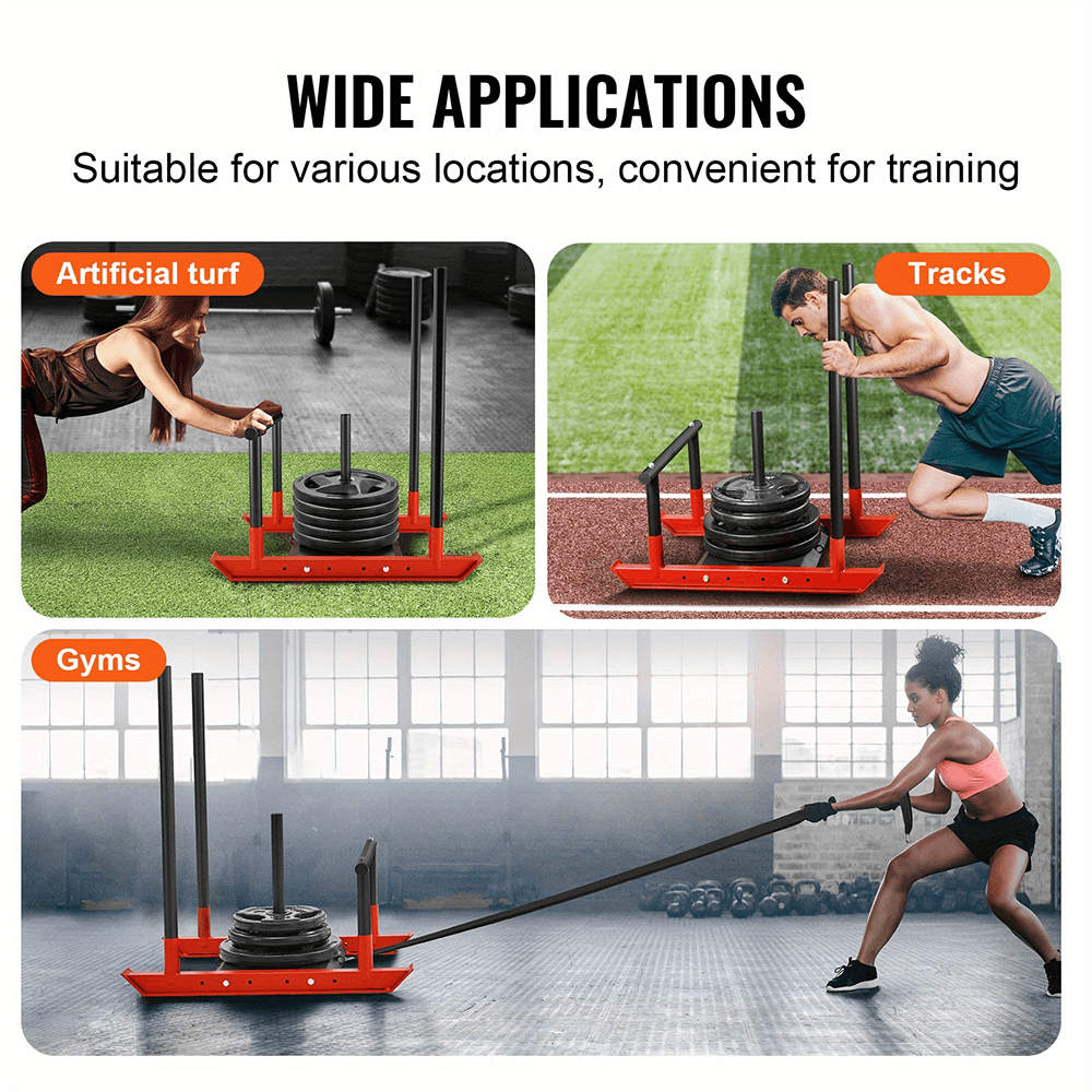 Speed Training Power Sled in action on gym floors, tracks, and turf with athletes demonstrating resistance workouts.