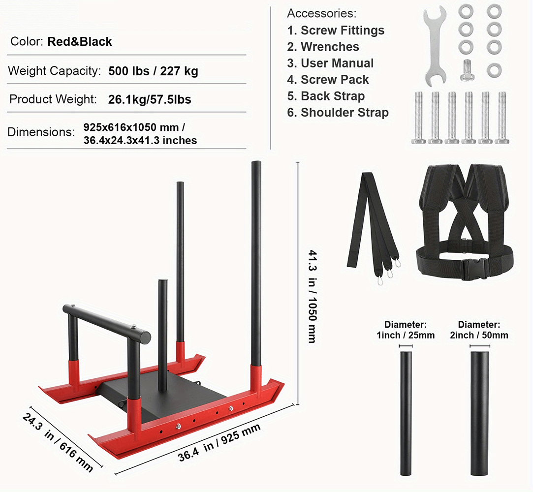 Red & black power sled with accessories, including straps and tools. Weight sled for strength, pushing, & pulling workouts. Supports 500 lbs.