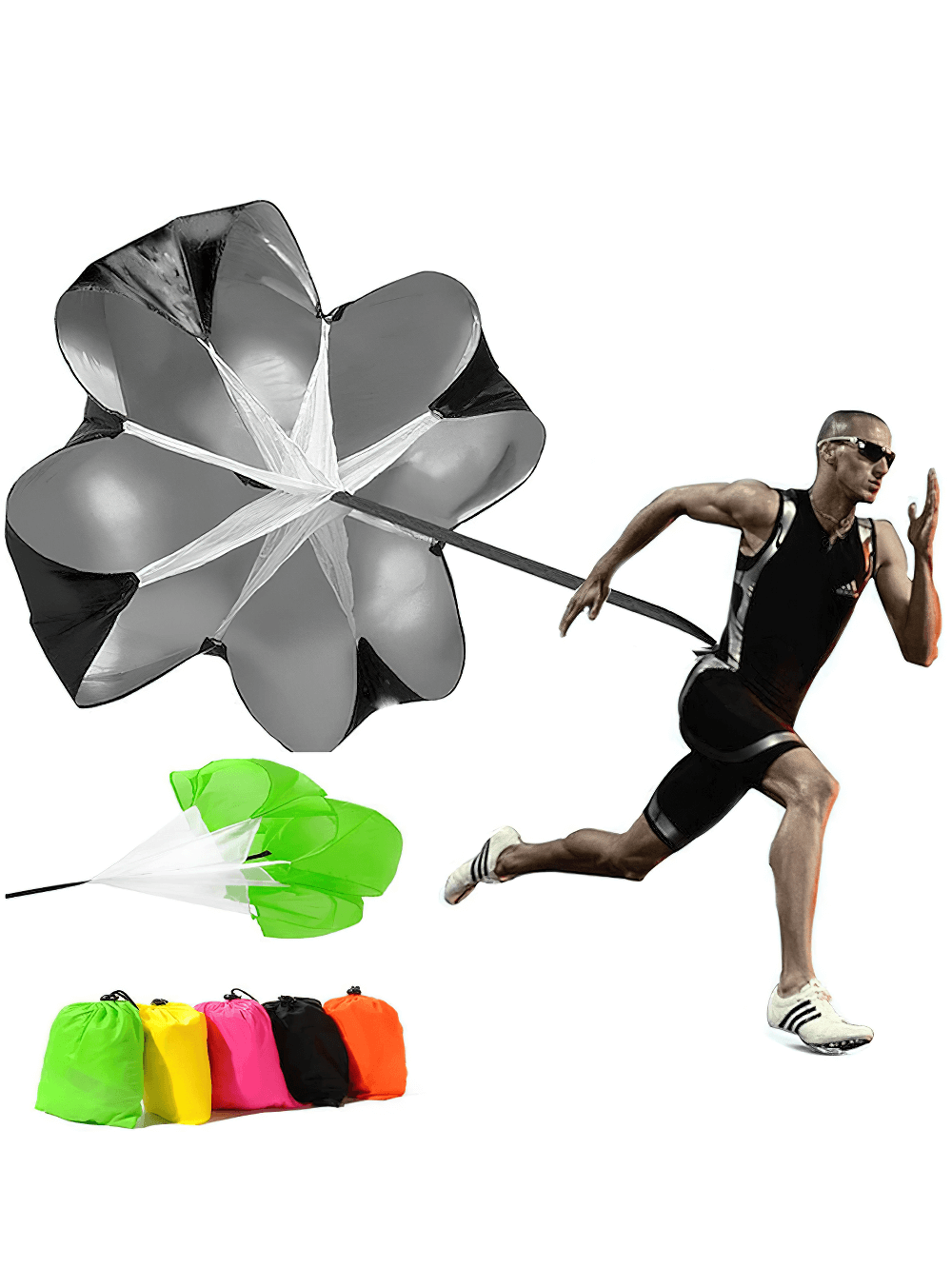 Runner sprinting with a black and white resistance parachute, showcasing speed and strength training. Colorful storage bags included.