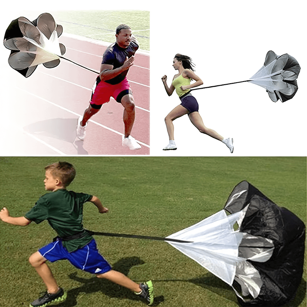 Runners training with a speed resistance parachute on track and field for sprint power and endurance boost.