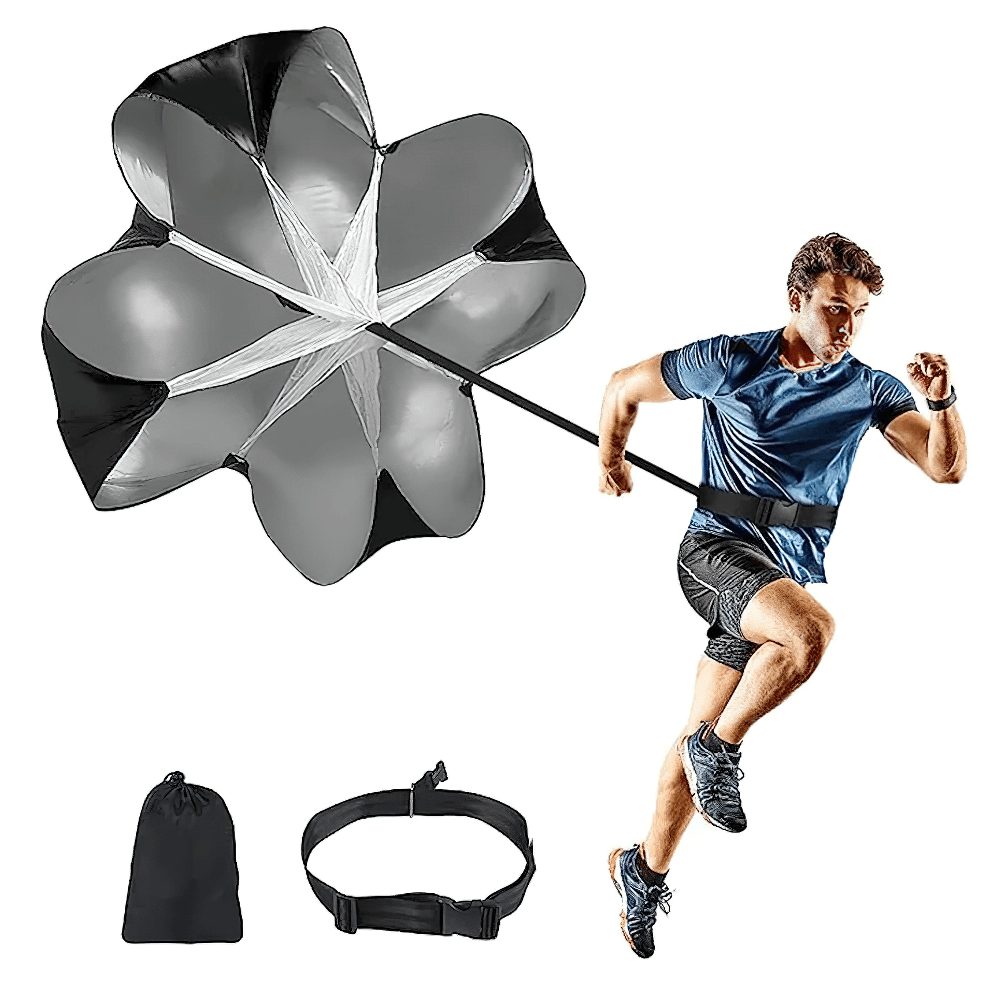 Runner using Speed Training Resistance Parachute SF3215 for explosive sprint workouts and endurance, shown with belt and bag.