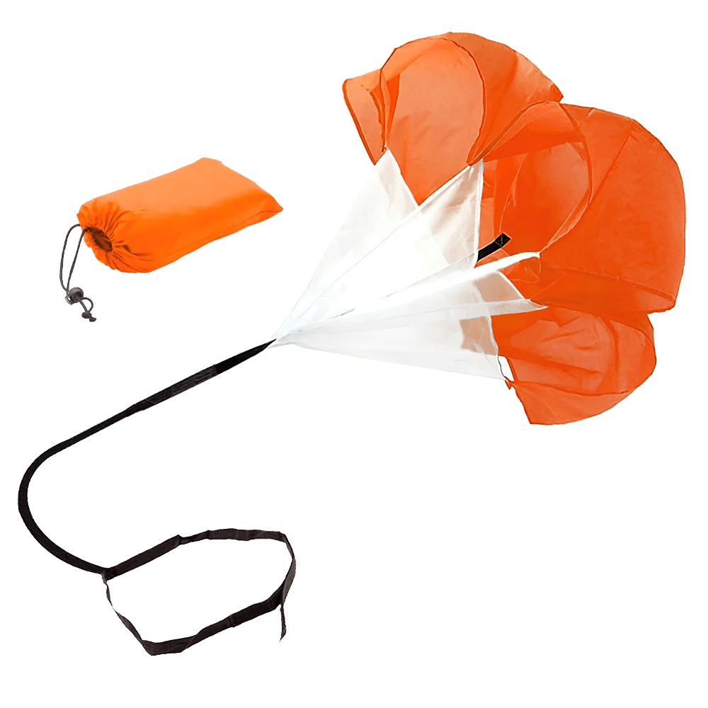 Orange and white speed training resistance parachute with adjustable belt, ideal for boosting sprint strength and outdoor fitness.