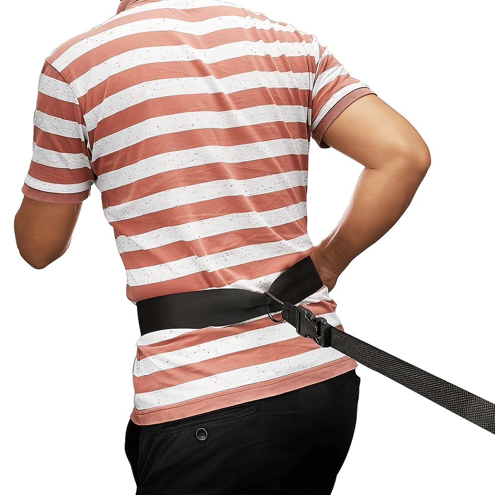 Person wearing a striped shirt demonstrating Speed Training Resistance Parachute SF2787 waist belt attachment.