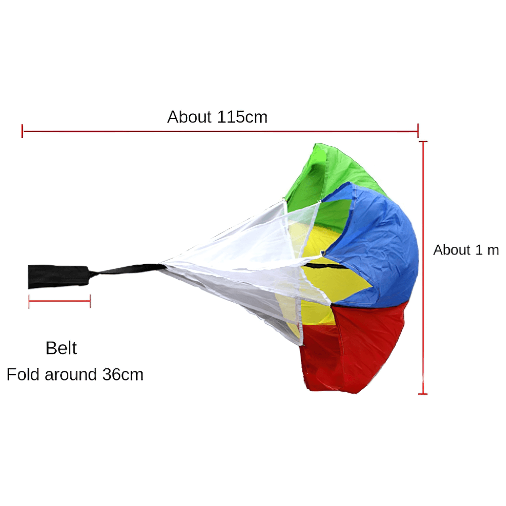 Speed Training Resistance Parachute with multi-color design and adjustable waist belt, measures 115cm wide, ideal for sprint workouts