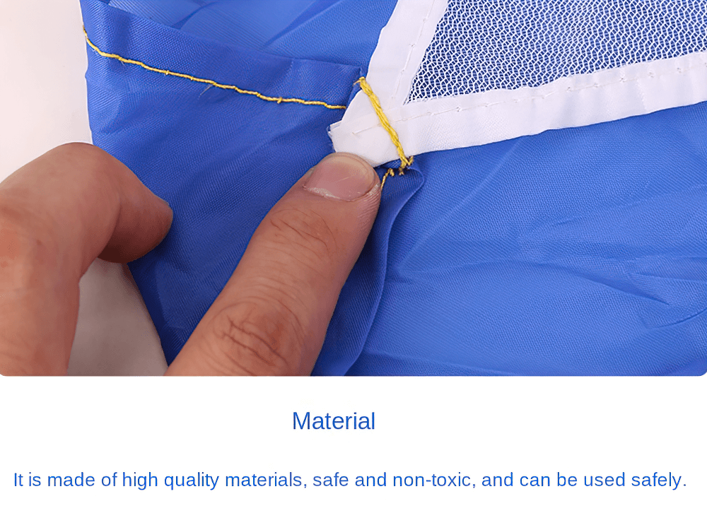 Close-up of durable stitching on a blue speed training resistance parachute, showcasing high-quality, non-toxic materials.