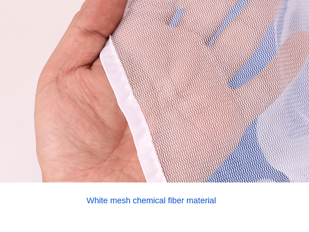 Close-up of hand holding white mesh chemical fiber material, showcasing texture and detail.