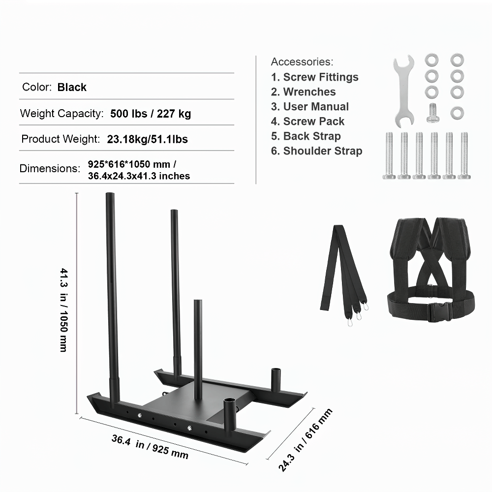 Black speed training sled with harness, straps, wrench set, and screw fittings for strength and drag training. Capacity: 500 lbs.