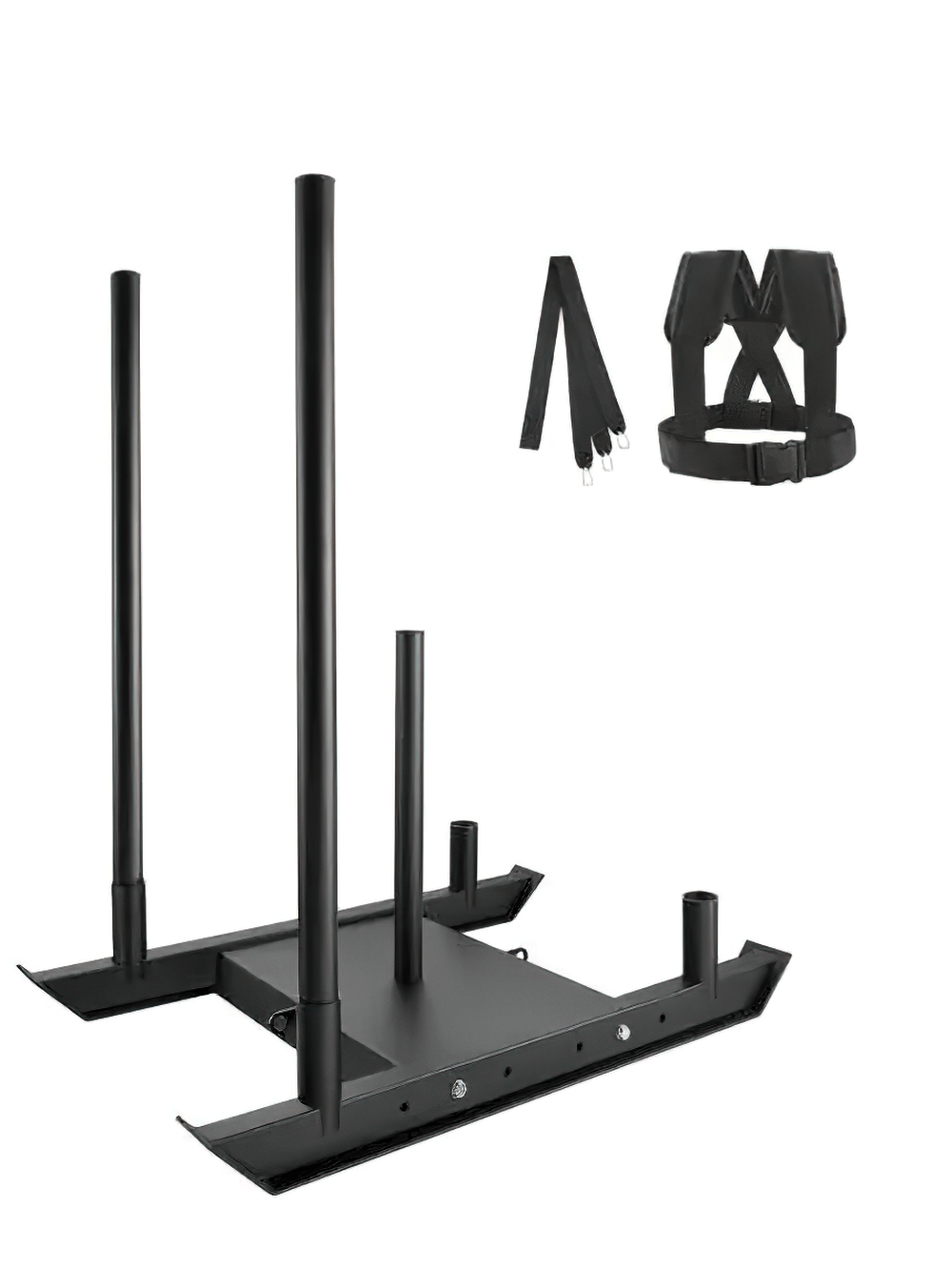Black steel speed training sled with harness and straps for strength and drag exercises, featuring removable push bars.