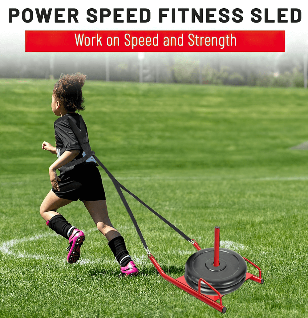 Child athlete using Speed Training Sled with Harness for resistance workout on grass, enhancing speed and strength. SF2941 fitness equipment.