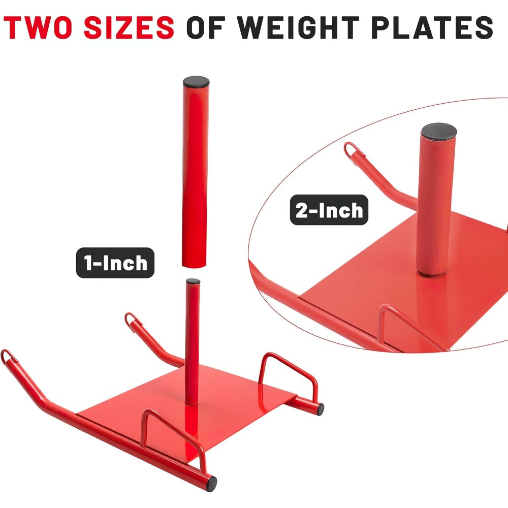 Red speed training sled showing two sizes of weight plates, 1-inch and 2-inch, ideal for resistance and athletic drills.