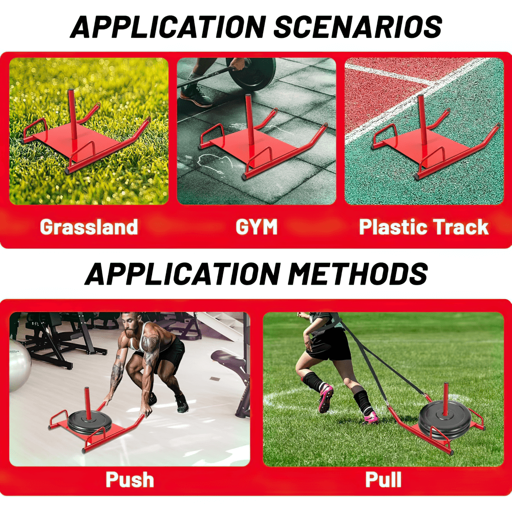 Red speed training sled for resistance workouts, shown in gym, grass, and track settings, with push and pull methods.